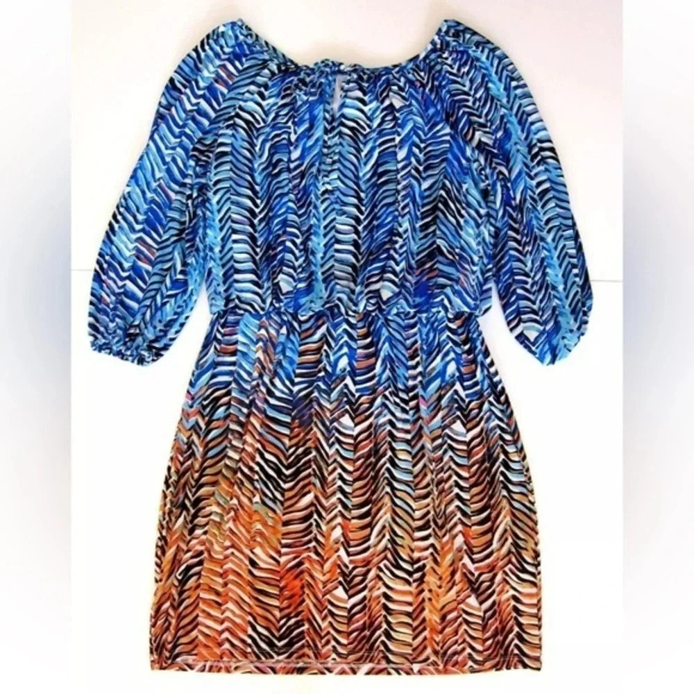 Maggy London Blue Orange Ombre Chevron Stretch Long Sleeve Dress 8 NWT